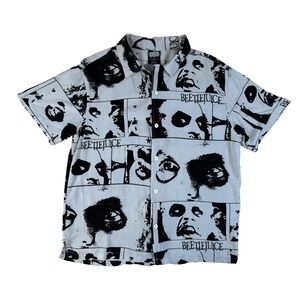 Beetlejuice Med Goth‎ Graphic Button Down Rayon Shirt Beetlejuice Print